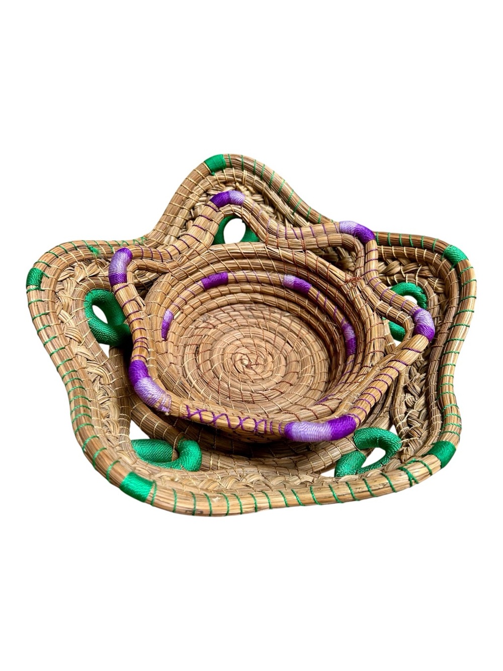 VTG Hand-Coiled Pine Needle Nesting Baskets Set of 2 Boho Star Wave Green Purple